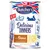 Butcher's natural nutrition Delicious Dinners with Game chunks in jelly with taurine, grain free recipe. Testo NEW! e illustrazione di gatto blu su sfondo bandiera UK.