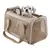 Sac de transport beige en tissu avec panneaux en maille, poignées et fermeture éclair, contenant un petit chien blanc à poil court visible à travers la maille.