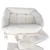 Cat tree with white padded lying surfaces and plush play ball. Multiple levels visible.