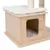 Cat tree base made of wood with cave, white padded lying cushion and two sisal posts.