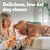 Text reads: Delicious, low-fat dog chews. A person holds a packet and a chew stick while a dog on a sofa looks at the treat.