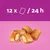 Feeding guide showing 12 pieces per 24 hours, with image of filled snack pieces on a pink background.