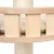 Close-up view of a scratching post made of light wood with soft, cream-coloured padding and a sisal-wrapped trunk.