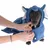 Dog in blue fleece coat with elephant ears, being dressed by hands. Coat has white press studs and decorative details.