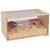 Holz-Nagerkäfig mit Plexiglasfront, ausgestattet mit Häuschen, Futterstation und Holzrampe auf Einstreu.
