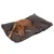 Braunes Hundekissen mit gestreiftem Design und Logo, darauf liegt ein brauner Hund. Produkt zur Veranschaulichung der Nutzung.