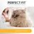 Perfect Fit, Supports Whole Body Health, Sensitive 1+ ; chat à poils longs en avant-plan. Texte en anglais visible sur l’image.
