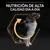 Texto: Nutrición de alta calidad día a día. Perro adulto de pelaje largo sobre fondo negro, con gráfico de flecha circular y hexágono naranja alrededor.
