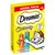 Dreamies Creamy Mega Pack x12, ohne Zuckerzusatz, ohne künstliche Aromastoffe. Enthält 6x Huhn und 6x Lachs. Verpackung mit Katze und Recycling-Symbol.