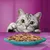 Grey tabby cat looking at a plate of wet food chunks on a turquoise dish, suggesting product use for feeding pets.