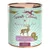 Boîte Terra Canis pour chien, texte visible : Getreidefrei, Wild mit Kartoffeln, Apfel & Preiselbeeren, 100 % Natur, Game with potato, apple & cranberries. Illustration de cerf.