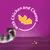 Text reads 'with Chicken and Cheese' with icons of a chicken and cheese, next to a striped tail and small food pieces on a purple background.