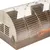 Cage pour petits animaux TIAKI en métal et plastique beige et marron, main ouvrant la porte frontale à loquet visible.