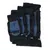Four black dog coats with blue inserts and reflective stripes in various sizes, each with adjustable belt and zip.