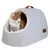 Kattenhuis van grijze stof met zachte voering, bruine draaglus en Modern Living logo. Kat zit in de ingang van het huis.