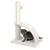 Arbre à chat beige avec poteau en sisal, arche recouverte de tissu et brosse verticale, chaton gris dessous. Aucun nom de marque visible.