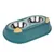 Double bowl made of stainless steel in a green plastic holder with yellow handles, suitable for food and water.