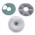 Three interchangeable inserts for the TIAKI food dispenser: green lid with paw pattern, grey insert with six compartments, and white container with green centre.