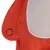 Close-up of an orange fabric toy with white stitching and a black circle on the surface.