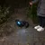 Hund mit leuchtendem Halsband bei Nacht auf einem Gehweg, geführt von einer Person an der Leine.