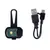 Lampe LED noire avec bouton marche/arrêt et sangle, accompagnée d’un câble de recharge USB vers micro-USB. Matériaux visibles : plastique.