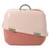 Transportbox van kunststof in roze en beige met draaggreep en sluitclips.