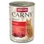 Konzerva animonda Carny Adult Rind pur, 100% frische Zutaten, Ohne Getreide, Made in Germany, obrázek kočky a hovězího masa na obalu.
