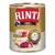 Lata de comida para perros Rinti Sensible. Texto visible: 100 % Lamm im Fleischanteil, nur 1 % tierisches Protein, +Kartoffel, glutenfrei, Für empfindliche Hunde.