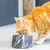 Rote Katze frisst aus einem Futternapf mit schwarzem Marmordesign.