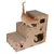 Katzen-Spieltreppe aus Karton mit drei Ebenen, Kratzflächen und Ausschnitten in Katzenform. Eine Katze oben und eine im unteren Bereich sichtbar.