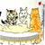 Illustration de chats avec une échelle graduée en bas indiquant 2, 3 et 5 chats, utilisée pour mesurer ou compter le nombre de chats.