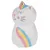Figurine en céramique représentant un chat avec une corne dorée, des motifs arc-en-ciel rose, jaune et bleu sur le front et le corps. Aucun texte visible.