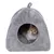 Grey, soft cat house with round entrance. A red and white cat is lying inside on a padded cushion.