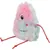 Plush toy in pink and blue with embroidered face and two red cords as legs.