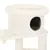 Krabpaal met ronde, beige pluche kattenhuis en open ingang, ondersteund door twee palen. Materiaal: stof.