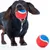 Cane che gioca con una palla da tennis rossa e blu. Il prodotto mostra l'uso di un gioco per pet.