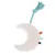 Toy in moon shape made of white plush with turquoise cord and colourful fabric tabs.