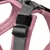 Detailaufnahme eines rosa und grauen Geschirrs mit verstellbarem Gurt und schwarzer Schnalle.