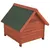 Houten hondenhok met groen dak van shingles en verhoogde zwarte poten.