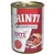Rinti Kennerfleisch mit Ente, getreidefrei. Afbeelding van stukjes vlees en orgaanvlees op het etiket. Rood-witte blikverpakking, 800g.
