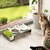 Kattenvoerstation met twee keramische bakjes in kattenvorm, één gevuld met brokjes en één leeg, plus een bakje kattengras. Kat kijkt naar het voerstation bij raam.