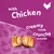 Product with chicken, creamy inside and crunchy outside, shown as two filled treats on a purple background.