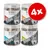 Lot de 4 pots Wolf of Wilderness RAW : Beef Liver, Chicken Hearts, Salmon Fillet, Lamb Lung. Texte visible : Freeze Dried Snack, 4x sur cercle rouge.