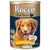 Blik Rocco Real Hearts hondenvoer, smaak kip, 400 g. Tekst: Huhn, Chicken, Poulet. Afbeelding van hond en stukjes vlees op het etiket.