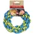 Jouet pour chien FLAMINGO, anneau tressé en TPE et nylon, texte visible : 'Train Your Dog', 'FLOATS'. Emballage montrant un chien. Couleurs bleu et jaune.