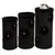 Three black cylindrical cat towers of different heights, each with multiple entry holes and hanging ball toys. A cat is sitting in the top opening of the tallest tower.
