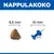 Krokettien koon vertailu: 8,5 mm:n nappulapala sinisen, 10 mm:n nuppineulan vieressä. Otsikko: NAPPULAKOKO. Krokettien koon vertailu: 8,5 mm:n nappulapala sinisen, 10 mm:n nuppineulan vieressä. Otsikko: NAPPULAKOKO.