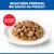 Bouchées Premium en sauce au poulet, servies sur une assiette blanche. Cercle rouge avec texte : Bouchées en sauce. Bouchées Premium en sauce au poulet, servies sur une assiette blanche. Cercle rouge avec texte : Bouchées en sauce.