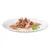 Chunks of shredded meat in gravy on a white plate with a small green herb garnish, no visible packaging or branding