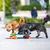 To hunde med Julius-K9 seler, den ene brun og den anden sort, leger sammen på et skateboard udendørs. Begge seler har tydeligt synlig tekst: 'JULIUS-K9'.